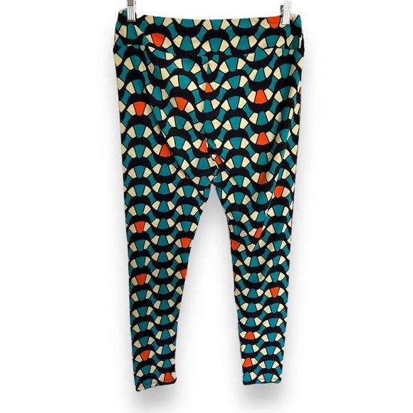 LuLaRoe Womens Leggings Sz TC Snakey Waves Teal Cream Orange Stained Glass - Picture 3 of 8